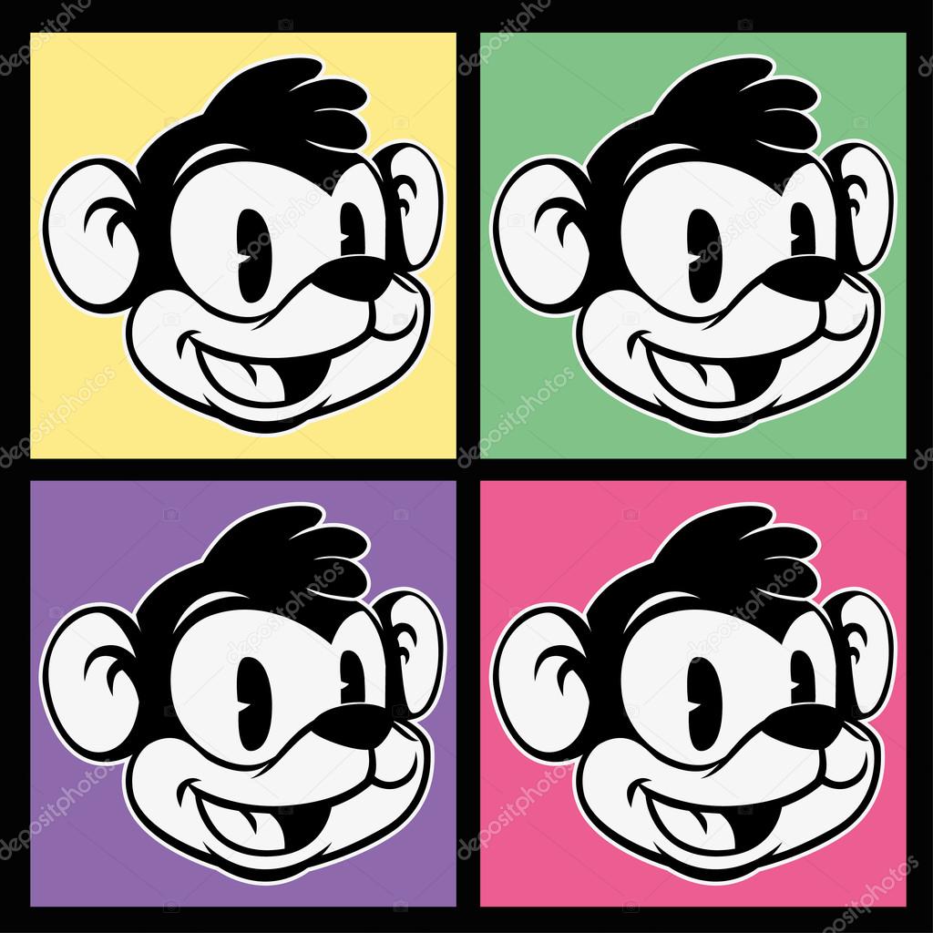 Toons vintage. imagens de retro personagem de desenho animado macaco  sorridente em quatro diferentes fundo colorido imagem vetorial de  stegworkz© 88555556
